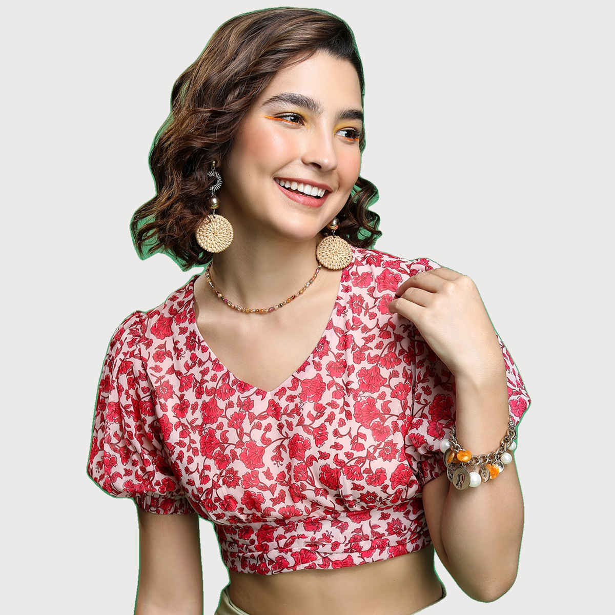 Ketch Women's Floral Printed Puff Sleeve Crop Top | Multicolor - S