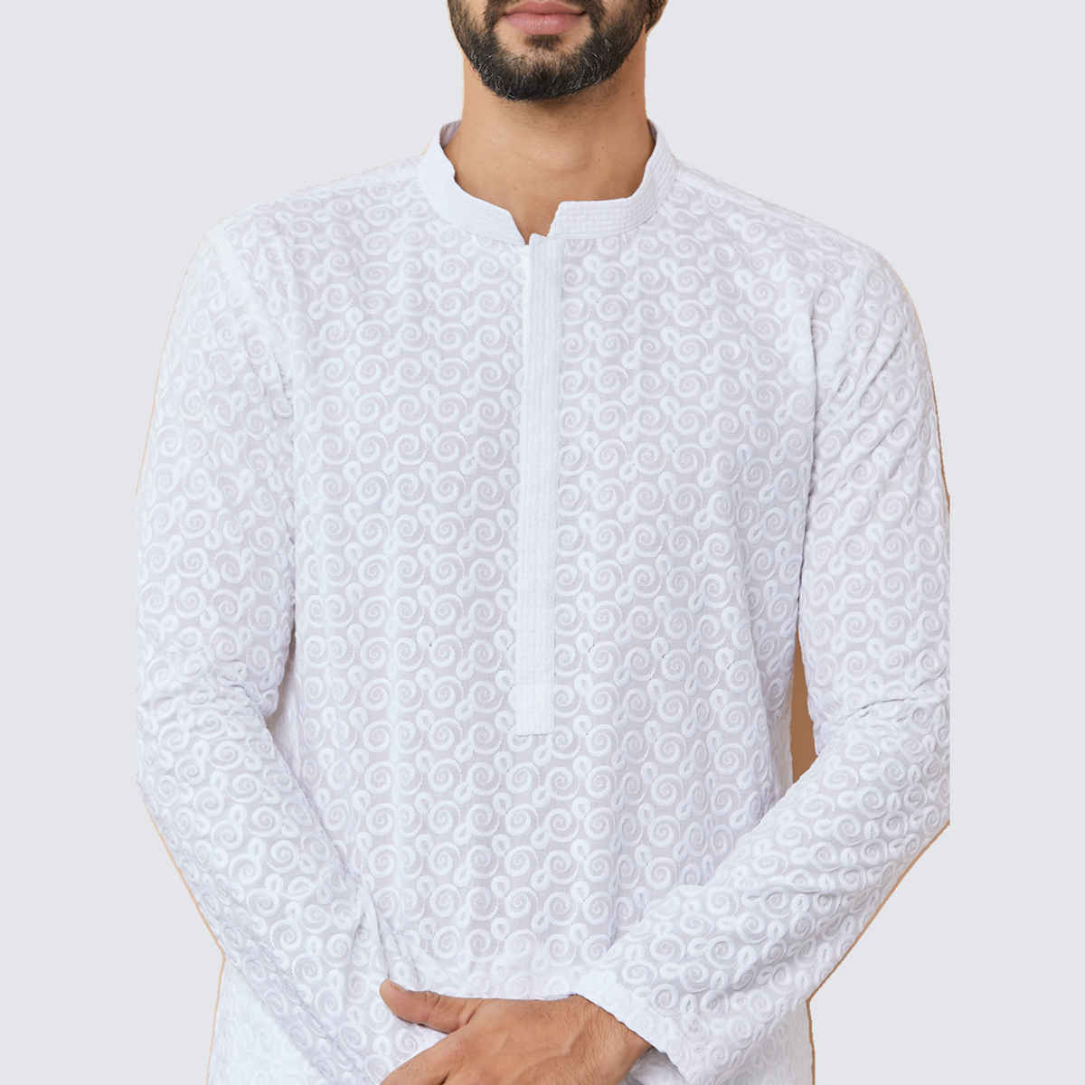 See Designs Men's Embroidered Chikankari Pure Cotton Straight Kurta | White - XL