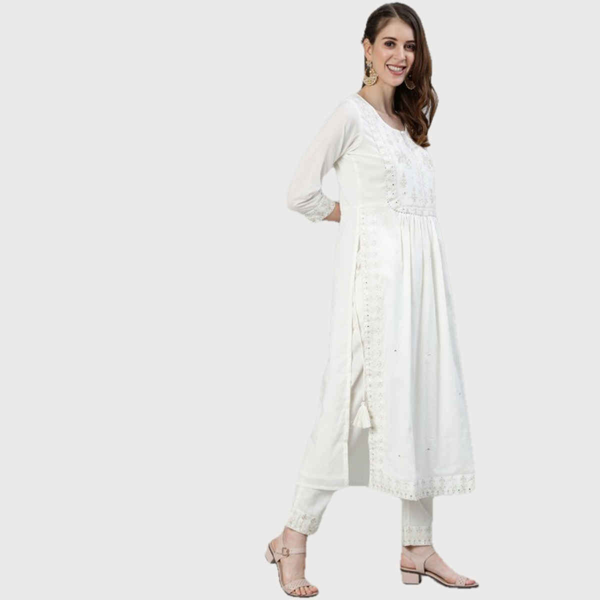 Ishin Women's Kurta Set Ethnic Motifs Embroidered Pure Cotton with Trousers | Off White - M