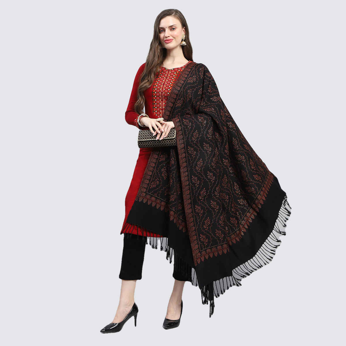 Monte Carlo Womens Self Design Black Reversible Shawl (224Shw7083-0-40) (L 200 Cm X W 100 Cm)