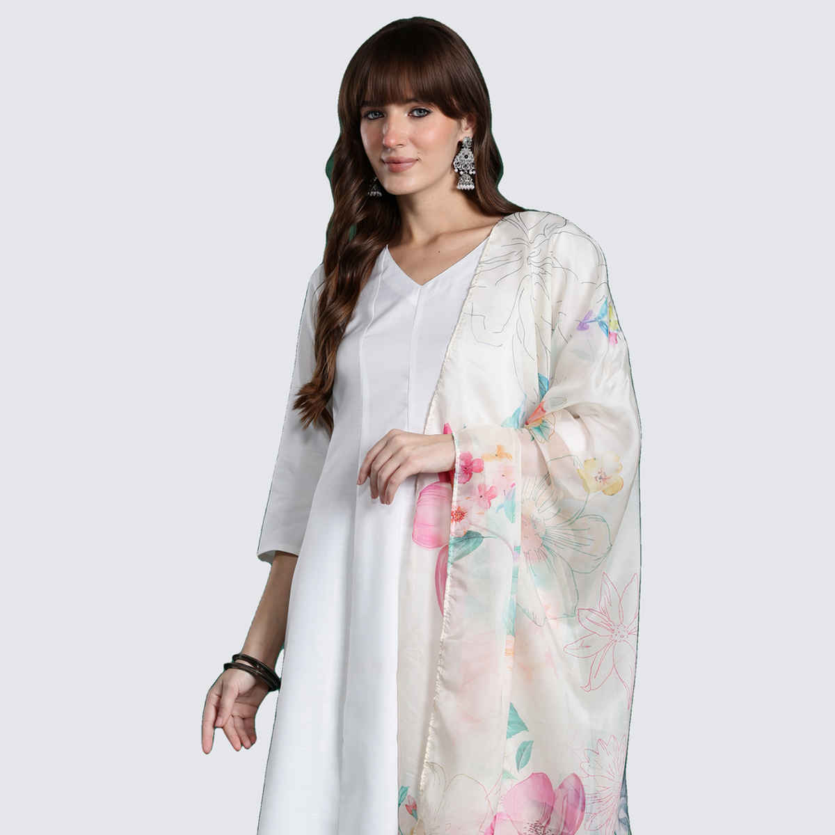 INDO ERA Women's Solid Anarkali Kurta Trouser with Dupatta Set | White - L