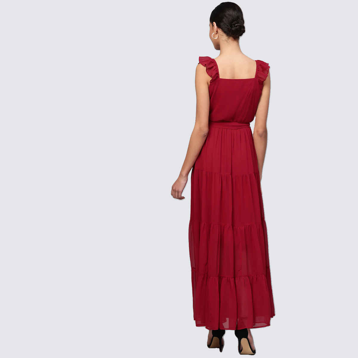 SASSAFRAS Women's Strappy Frill Tiered Maxi Dress | Red - S