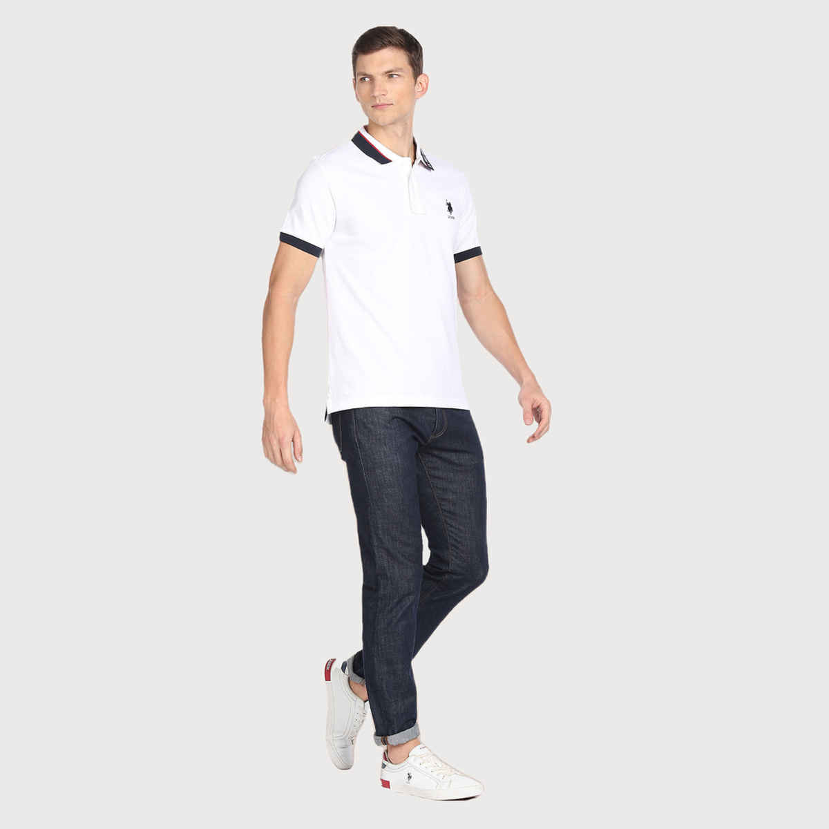 USPA Men's Printed Collar Cotton Polo T Shirt - Regular Fit - White - M