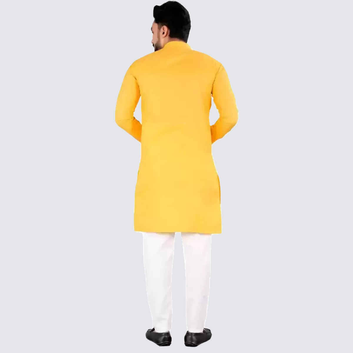 Freluro Men's Solid Cotton Blend Straight Kurta | Yellow - S