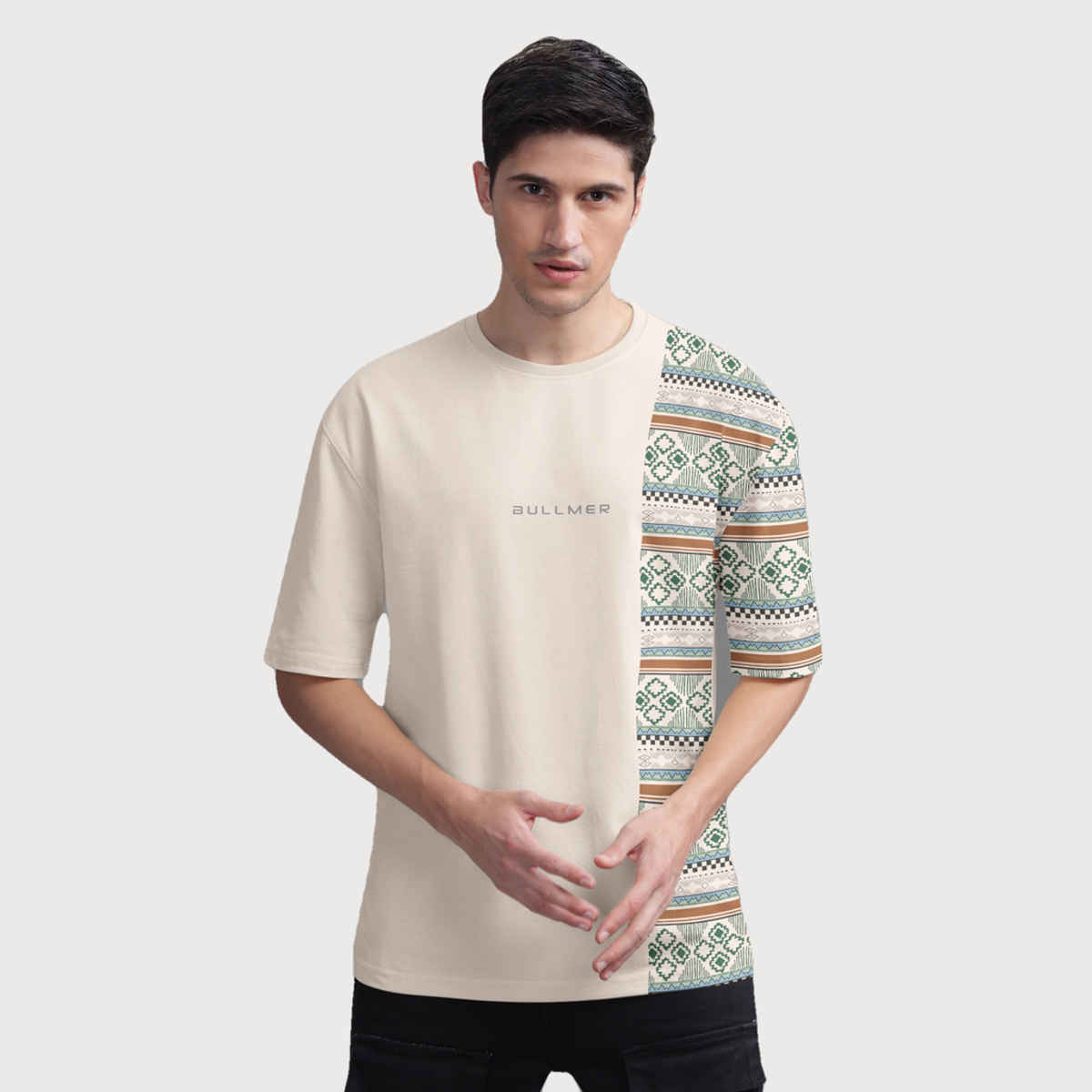 Bullmer Men's Oversized T-shirt Front and Back Printed | Petrol Blue, Beige | M