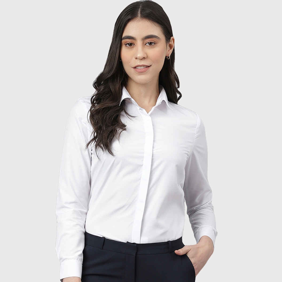 English Navy Women's Solid Regular Fit Polyester Formal Shirt | White - L