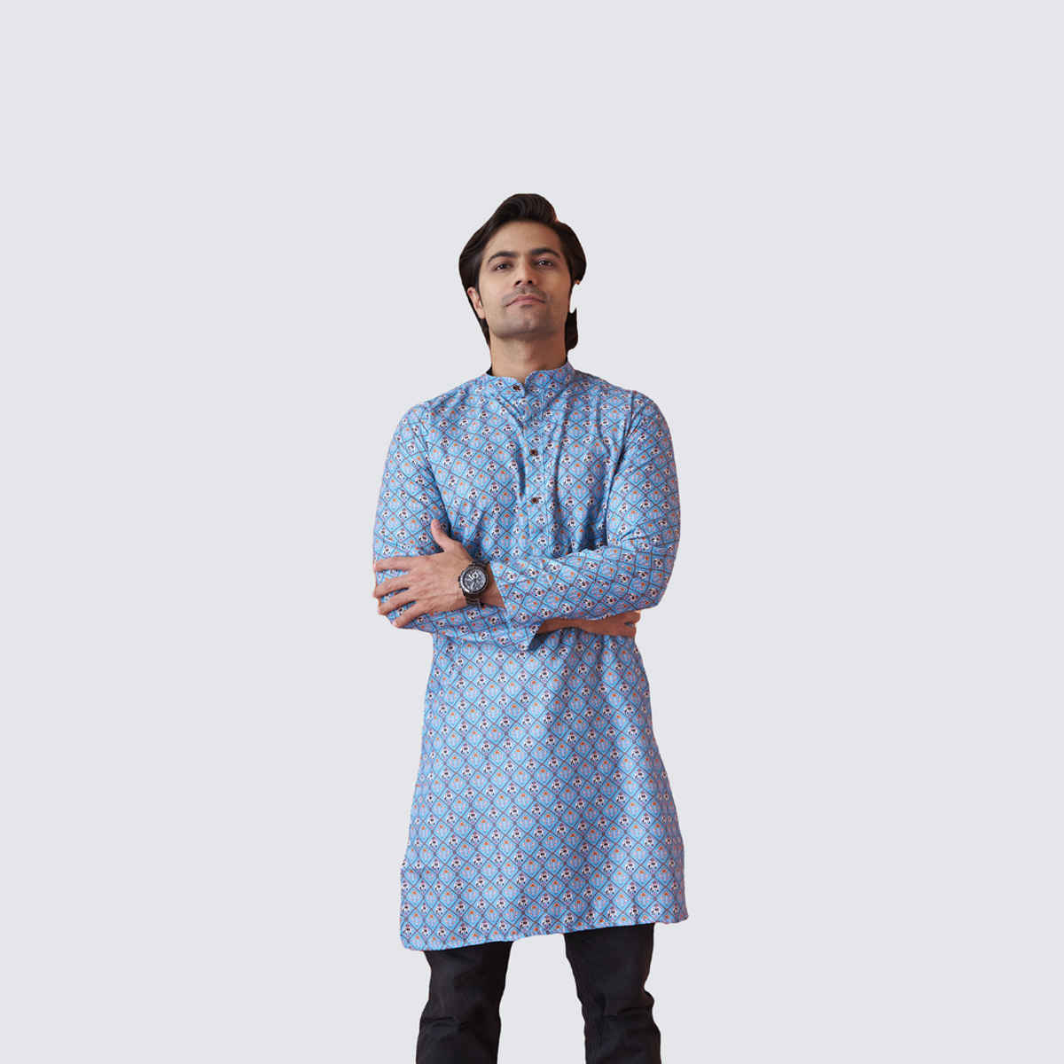 House Of Festivals Men's Printed Cotton Blend Long Kurta | Blue -S