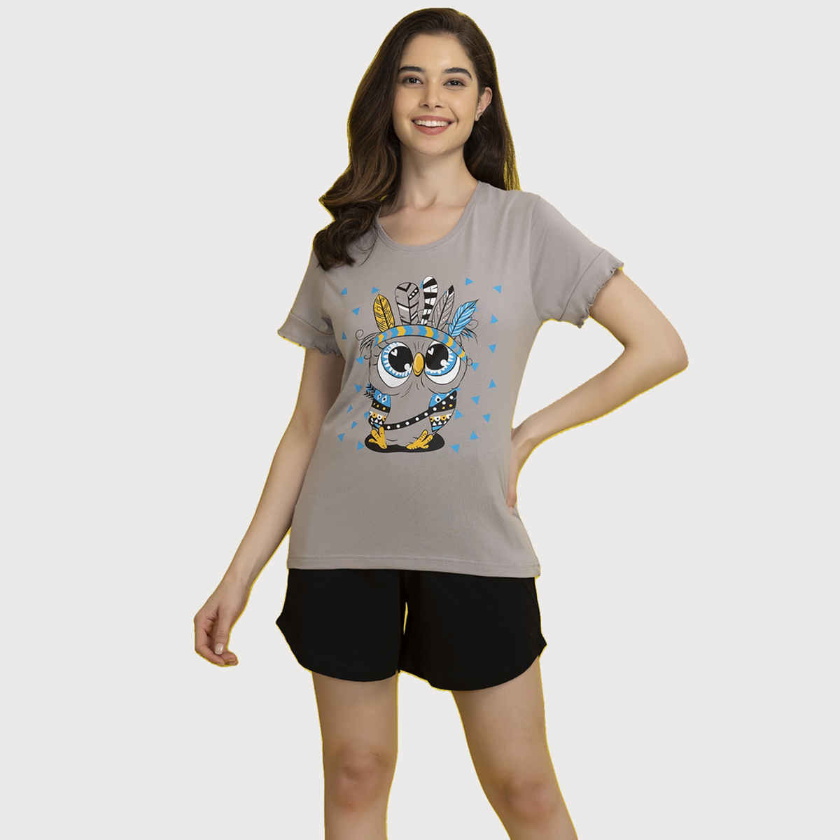 Clovia Owl Print Top & Shorts & Black - Cotton Rich(Grey - Xxl)