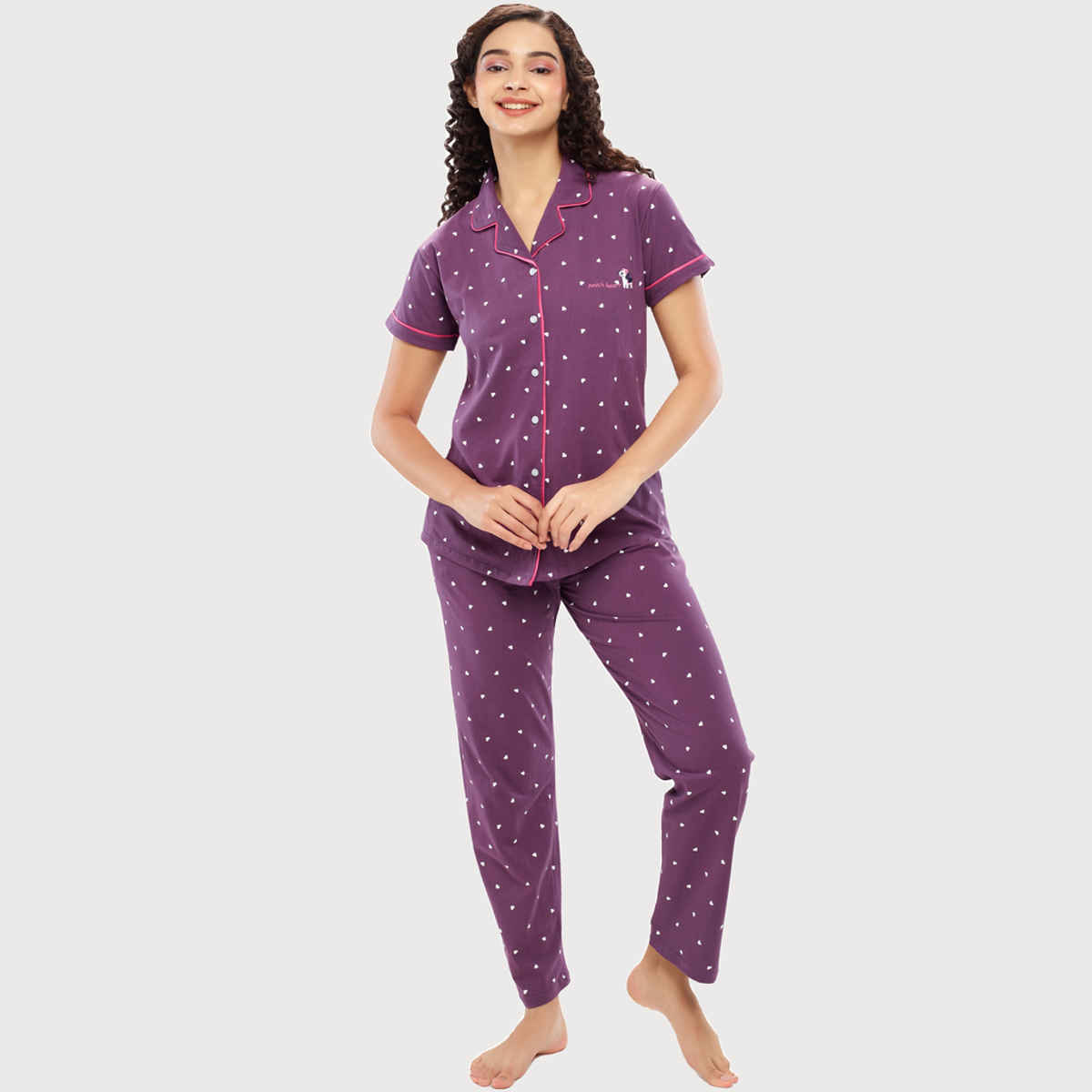Zeyo Women's Cotton Heart Printed Stylish Night Suit Set of Shirt & Pyjama | 5612 Purple-XL