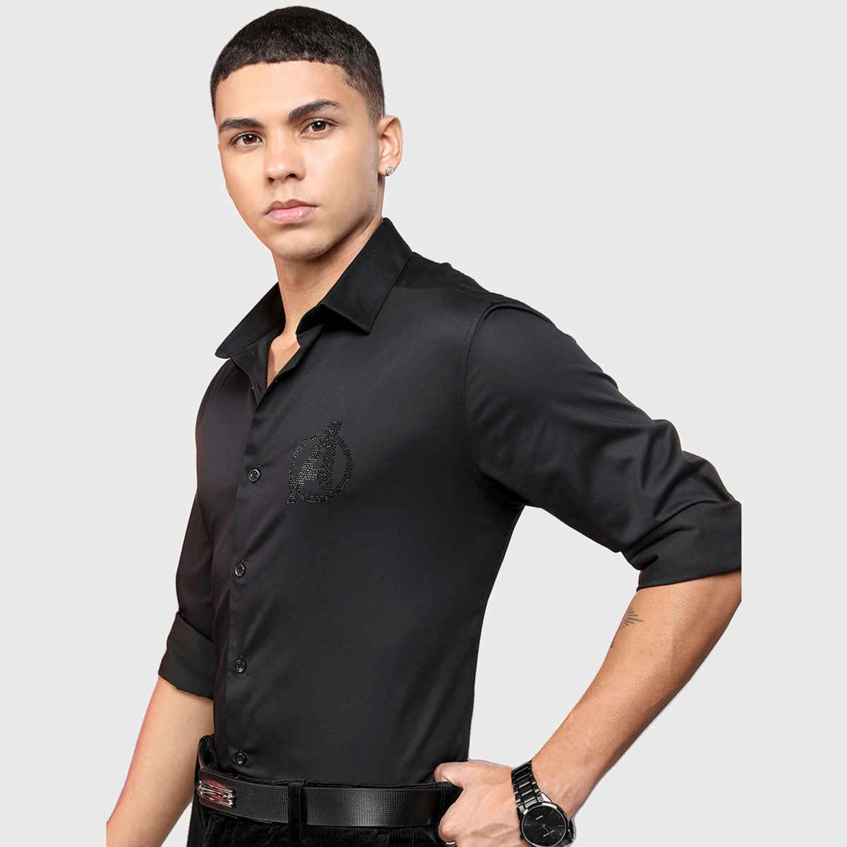 Highlander Men's Marvel Avengers Satin Embellished Slim Fit Party Shirt | Black - M