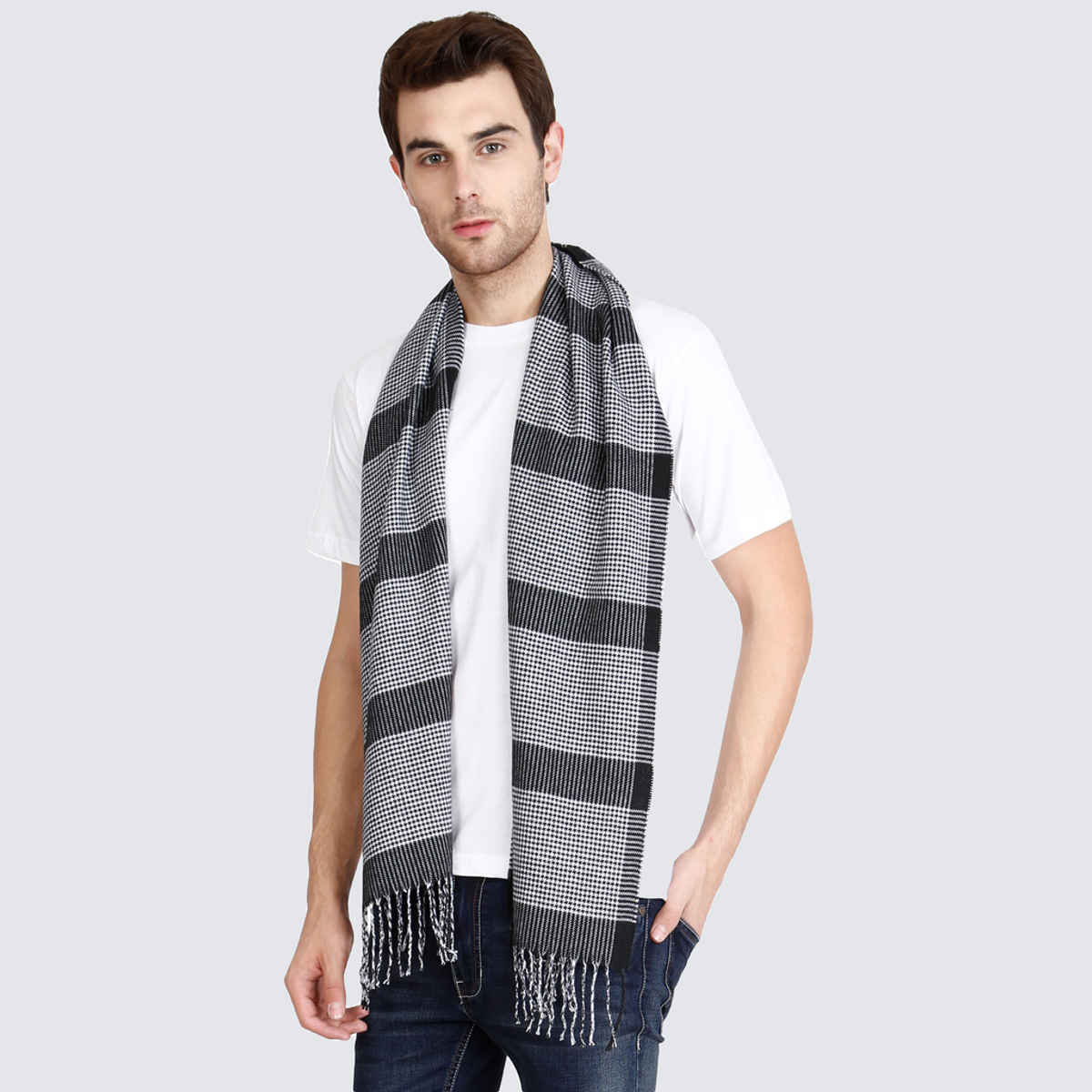 Fabseasons Men's Checkered Acrylic Wool Muffler | White - Free Size