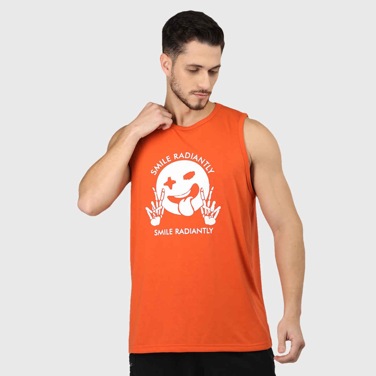 Chkokko Men Gym Regular Fit Tank Tops Sports Sleeveless Printed Vest Orange | Size S