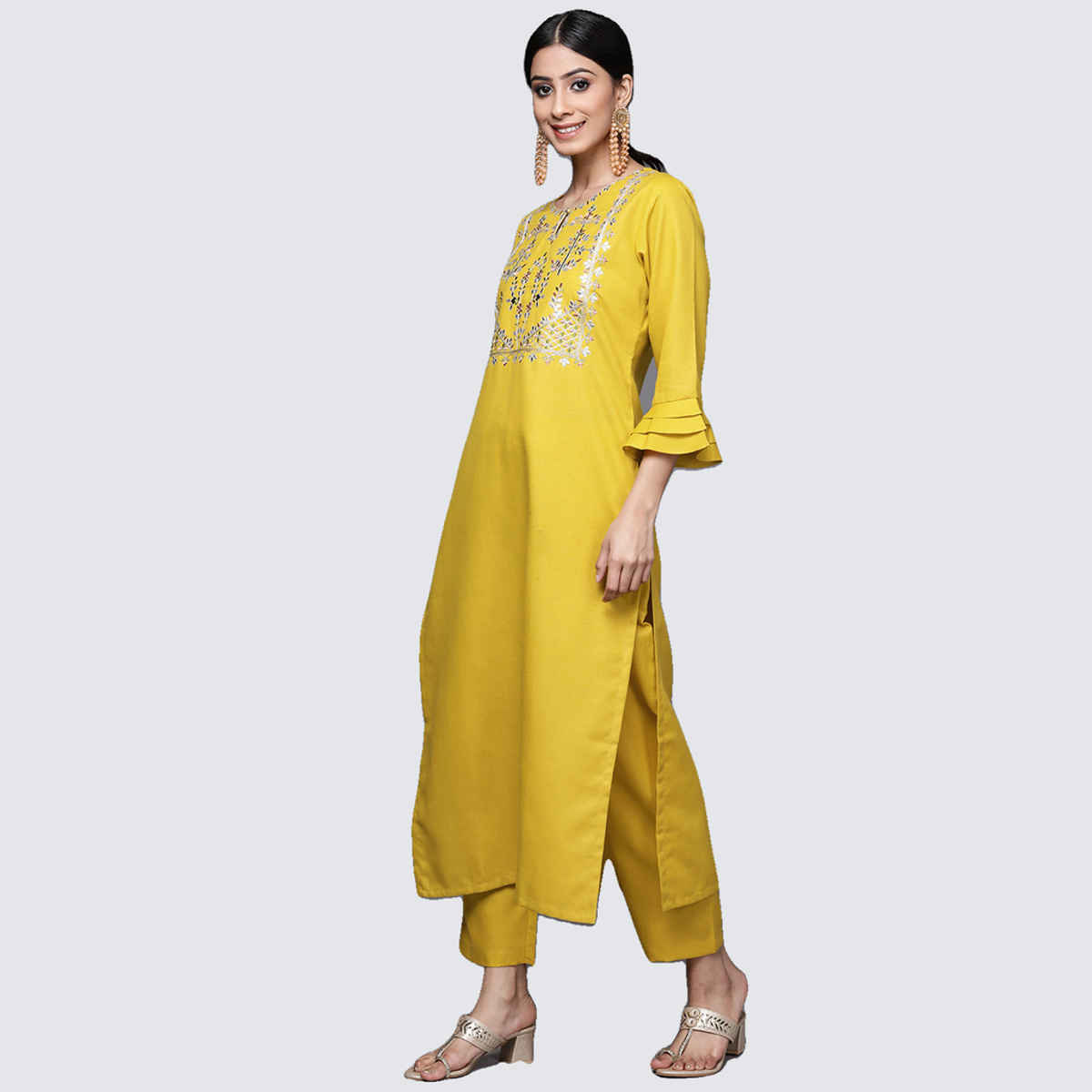 Varanga Women's Yellow Yoke Design Kurta with Trousers and Dupatta Set | Mustard - M