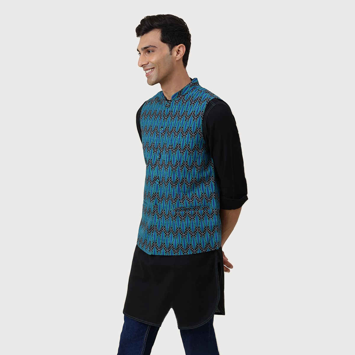 Fabindia Men's Nehru Jacket Printed Slim Fit | Blue - L