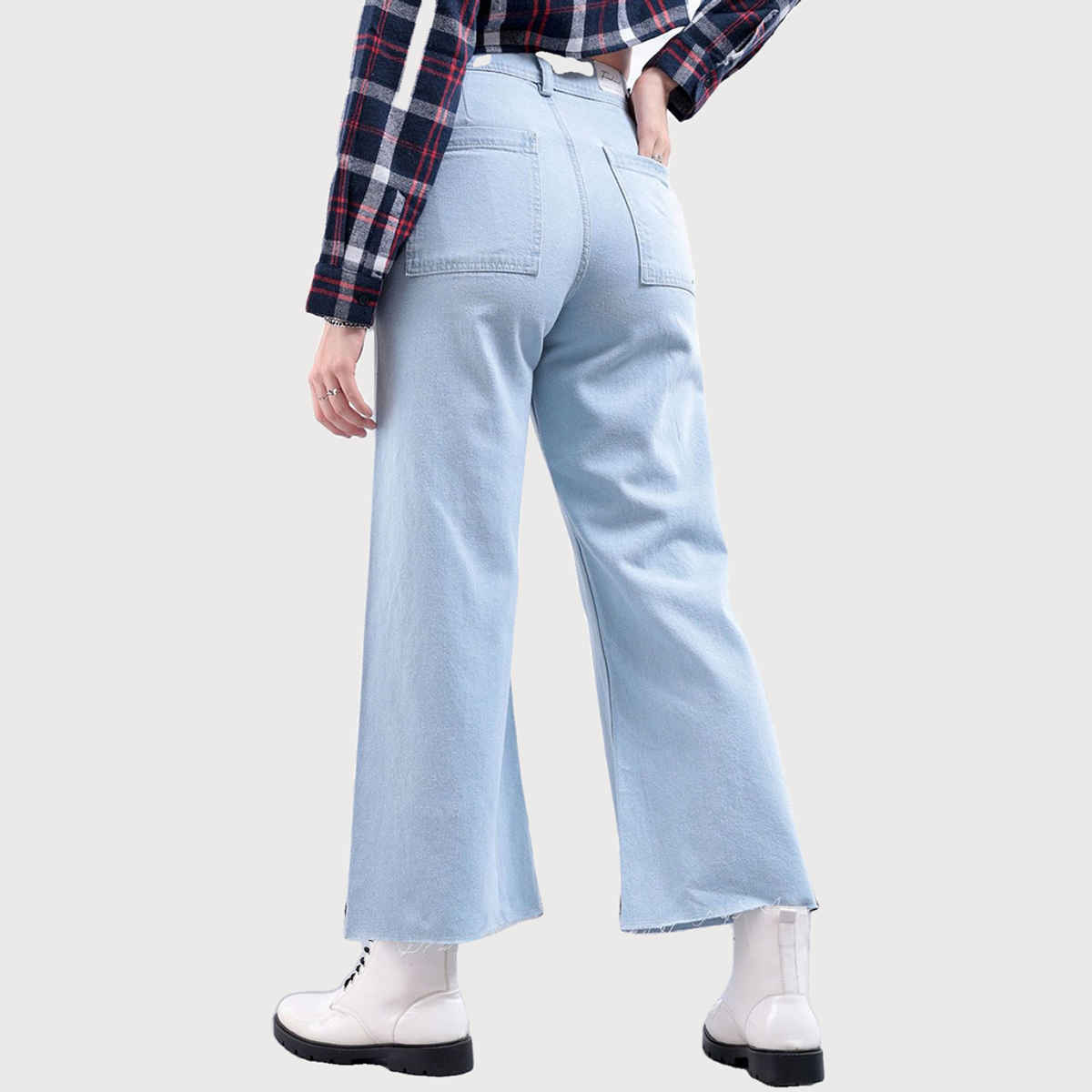 Freehand Women's Light Wash Boot Cut High Rise Full Length Raw Edge Jeans | Blue - 30