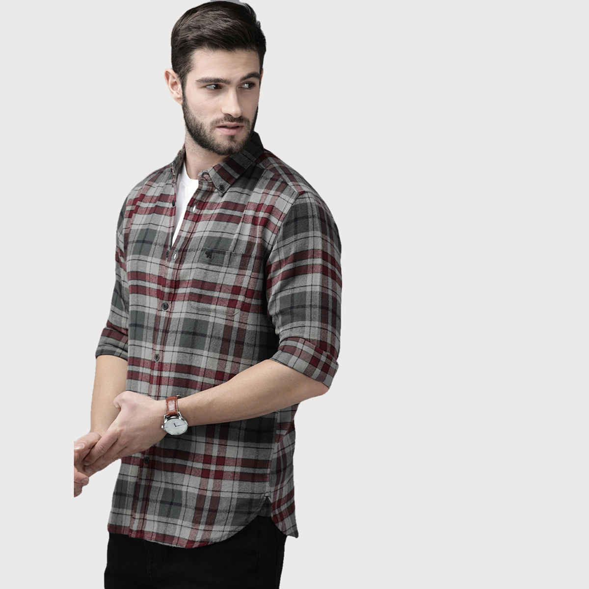 The Bear House Men Slim Fit Checked Cotton Casual Shirt - Kamet | Grey | L