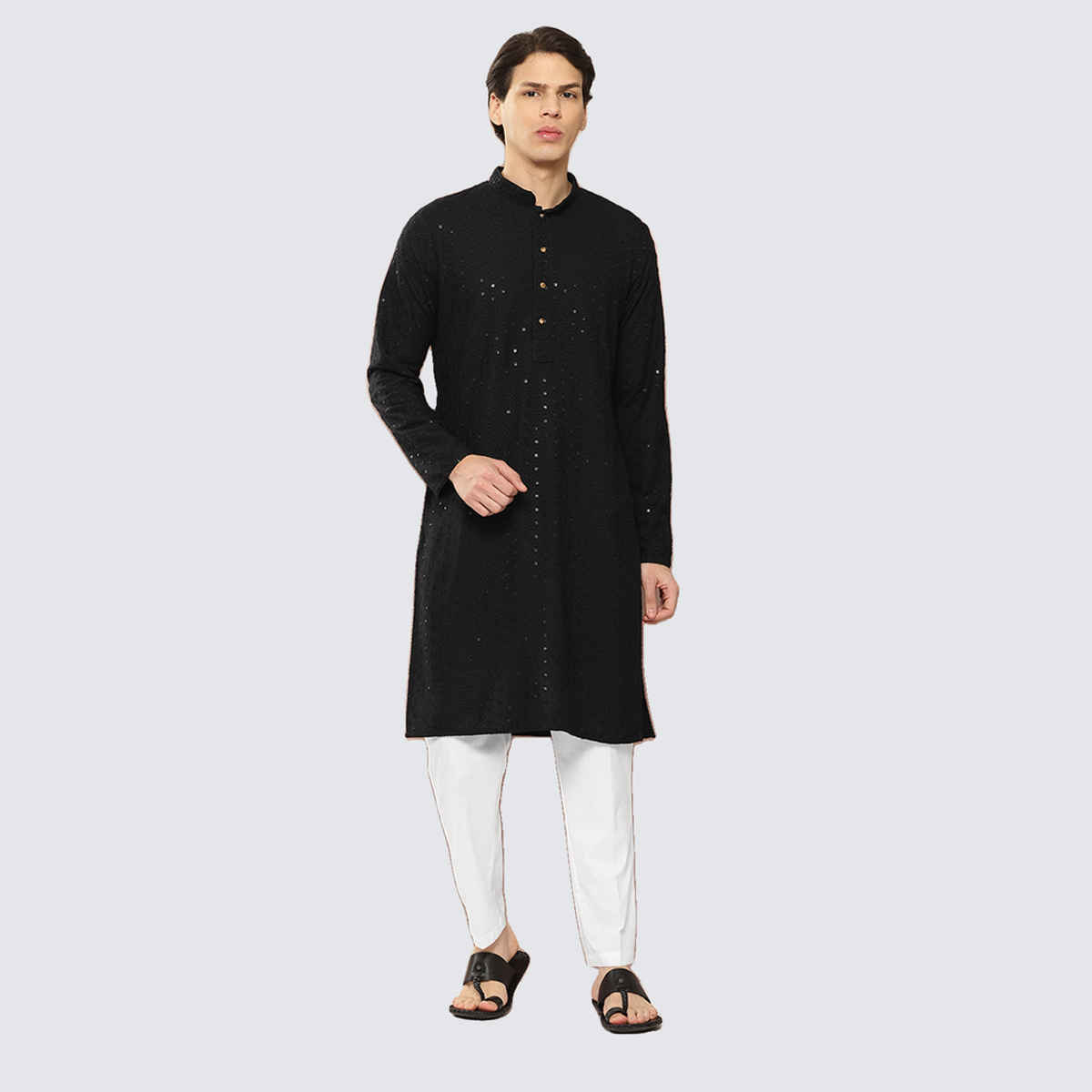 See Designs Men's Embroidered Sequined Rayon Kurta | Black - S