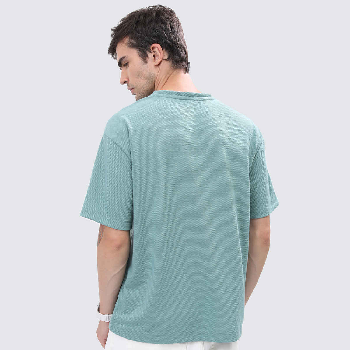 HIGHLANDER Men's Self Design Round Neck Oversized T-shirt | Green - S