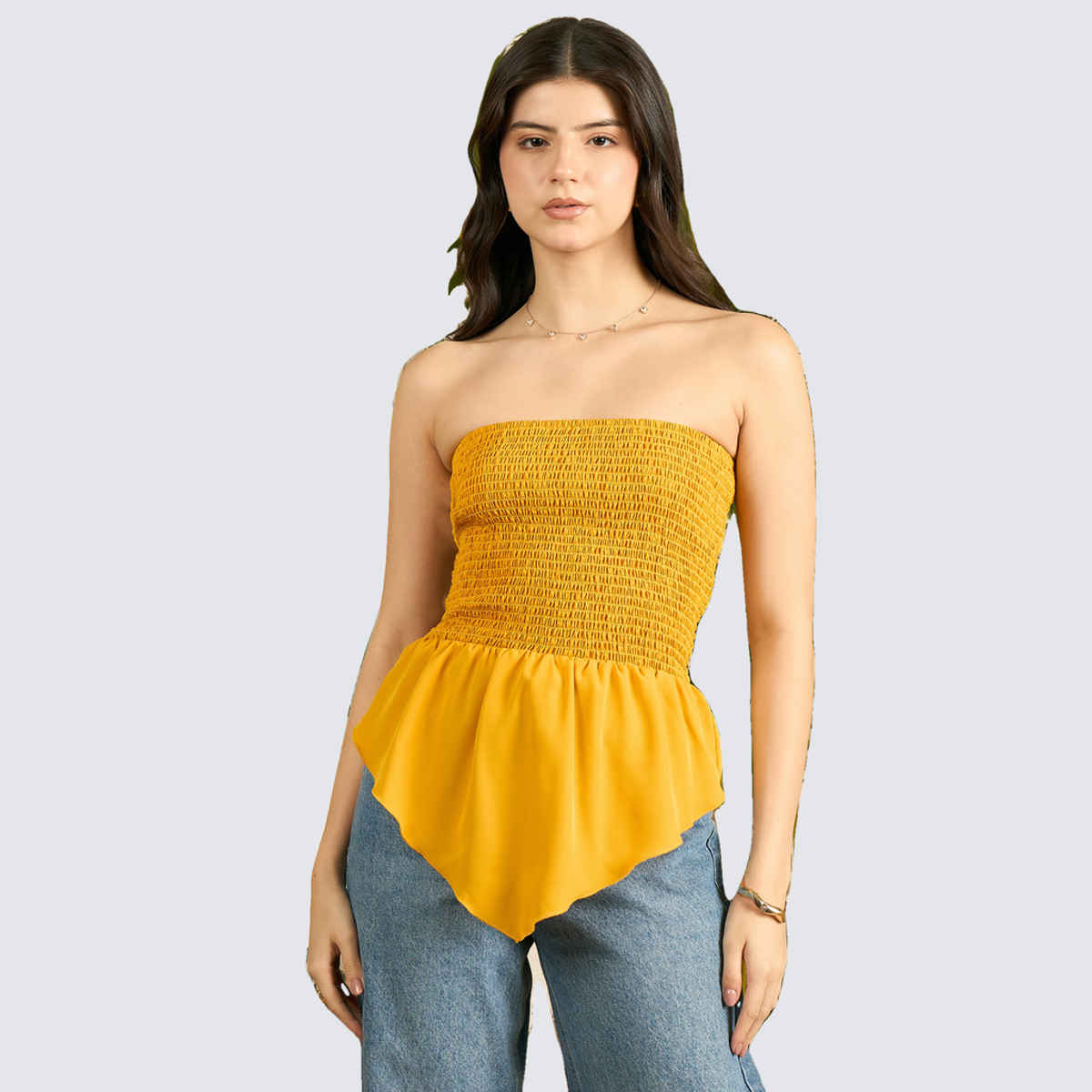 Uptownie Women's Smocked Bandeau Asymmetrical Top | Mustard Yellow - XL