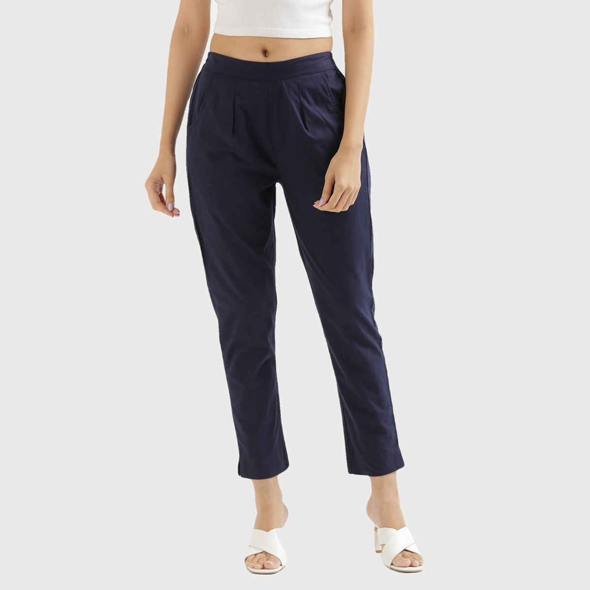 Saadaa Women Cotton Pant Regular Slim Fit Trouser | Navy Blue | L