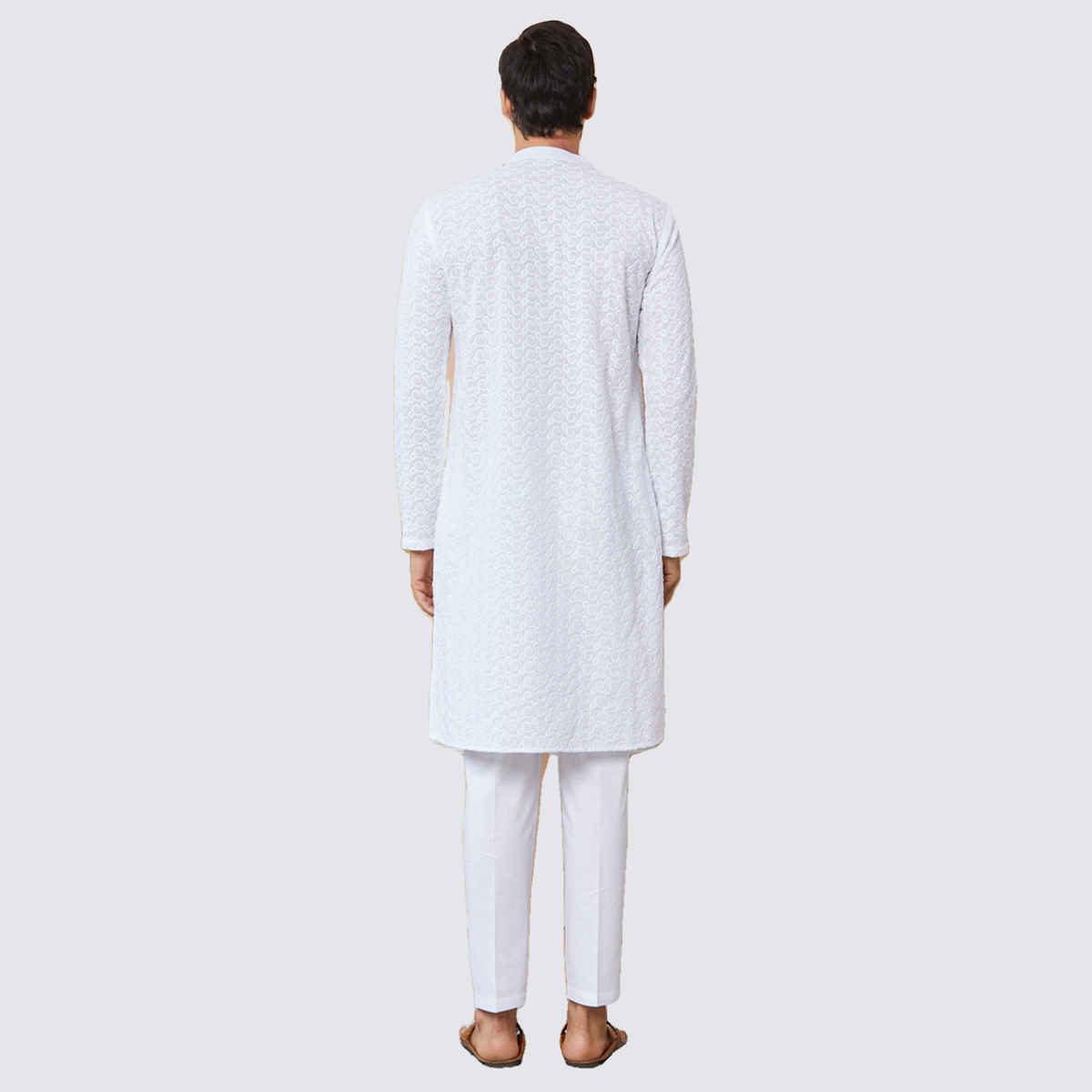 See Designs Men's Embroidered Chikankari Pure Cotton Straight Kurta | White - XL