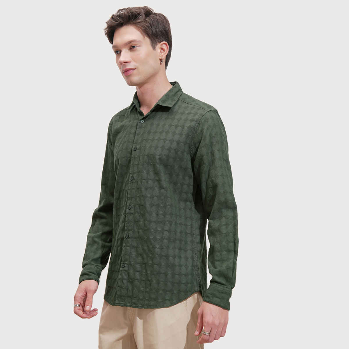 HIGHLANDER Men's Dobby Textured Solid Casual Slim Fit Shirt | Bottle Green - XL