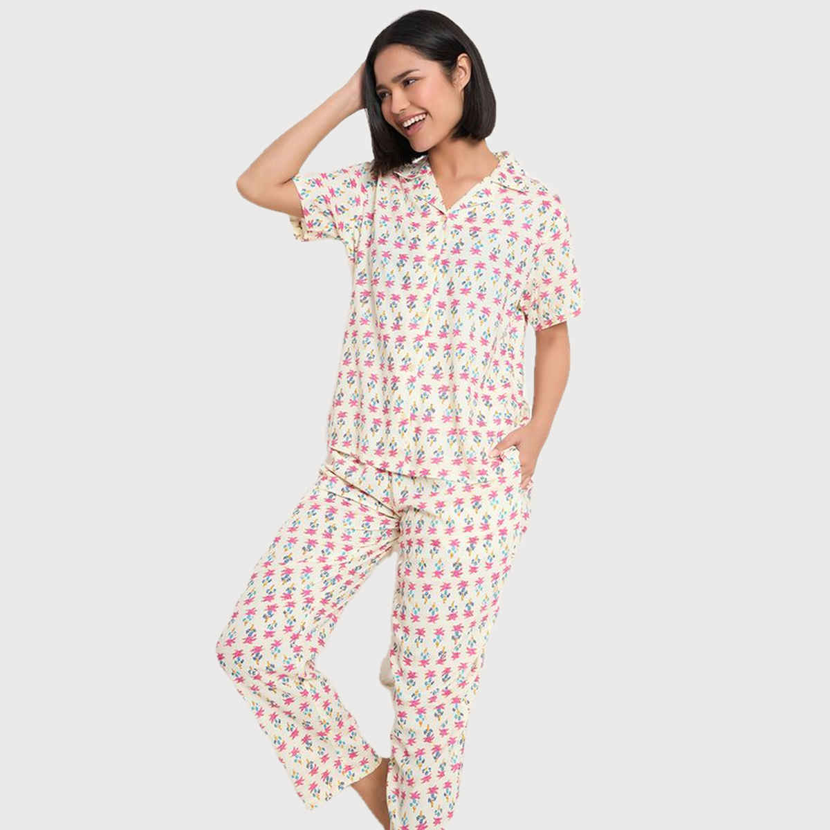 Clovia Women's Printed Button Down Shirt Rayon Top & Pyjama Set | LS0636F18 | White - XL