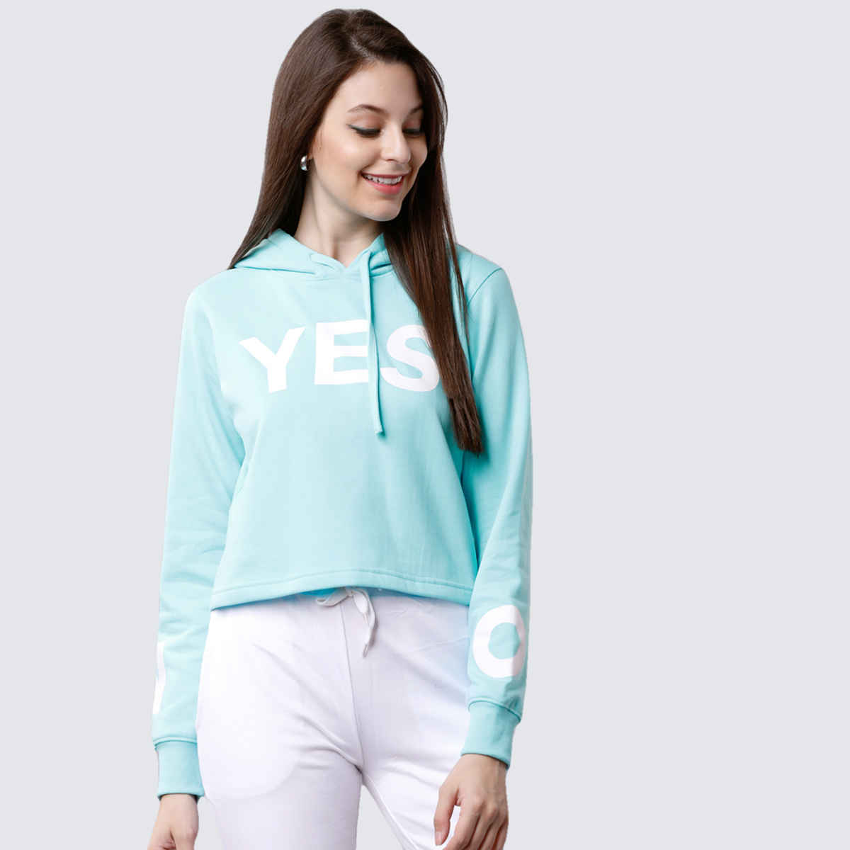 Tokyo Talkies Women's Printed Hooded Sweatshirt | Angel Blue - S