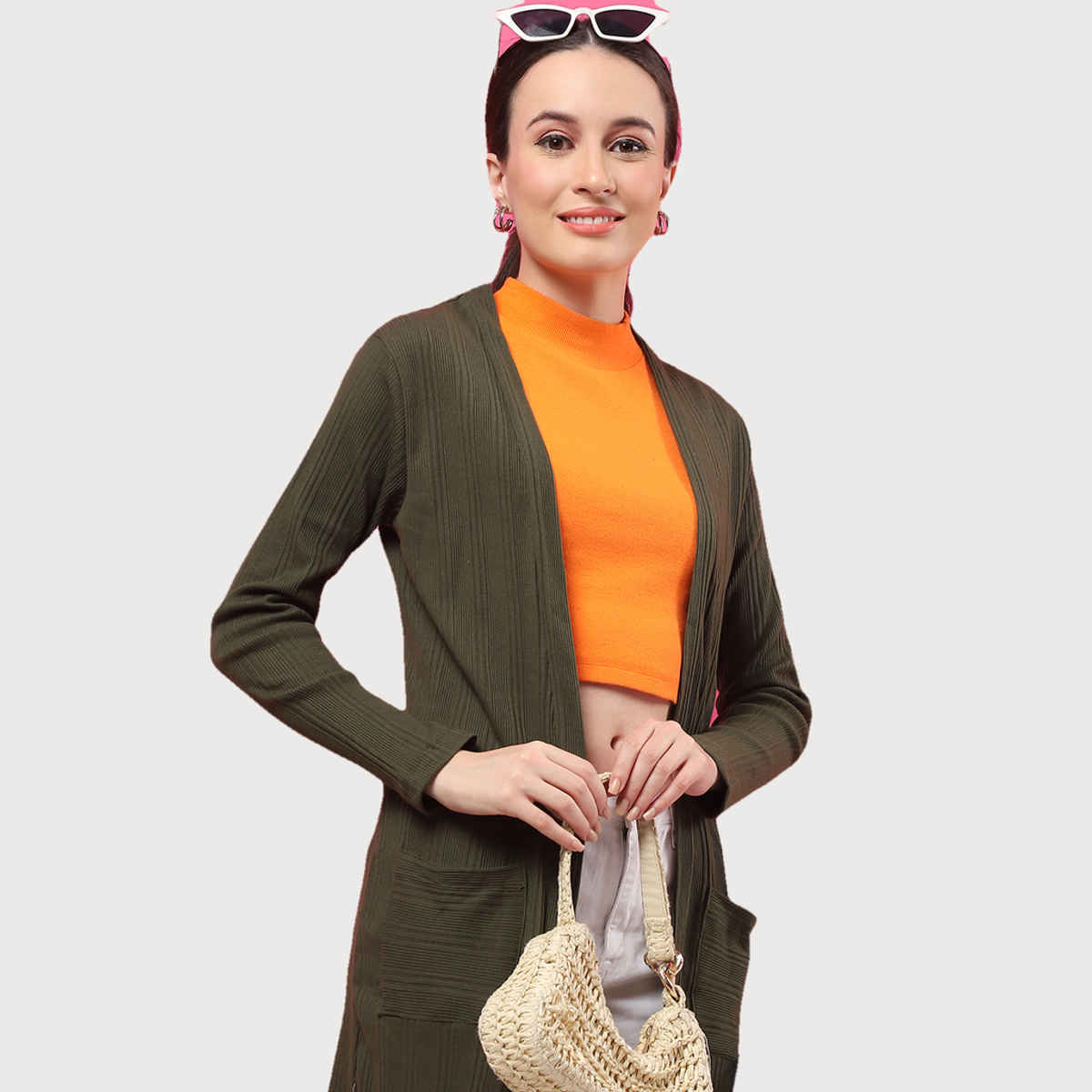 Rigo Women Front Open Long Rib Shrug | Olive - Free Size