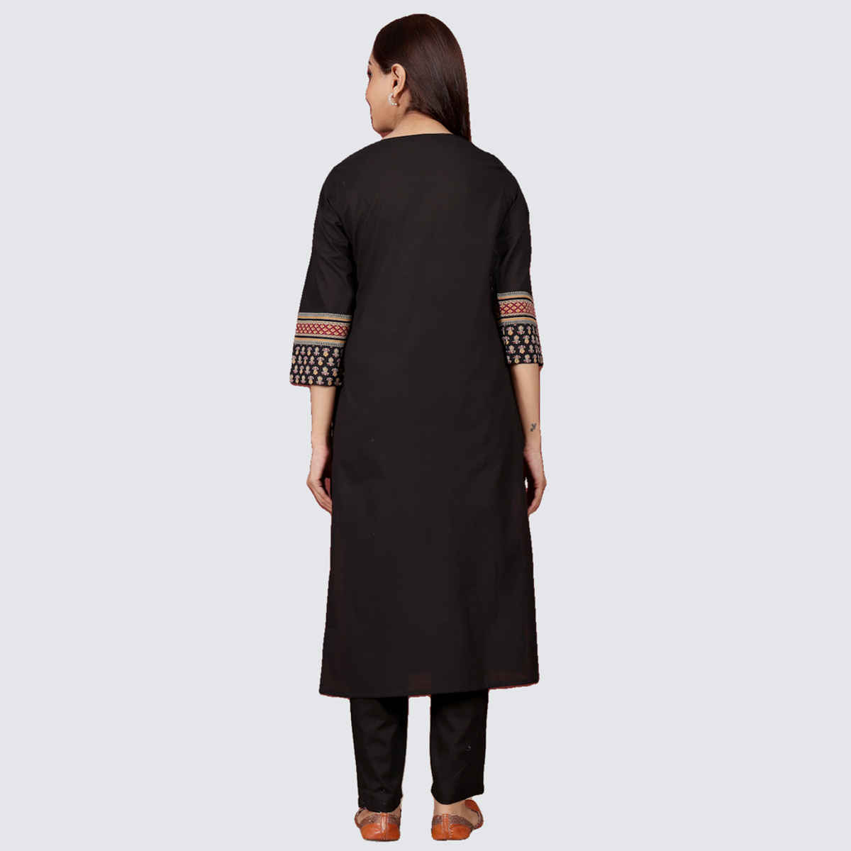 Varanga Women's Jaipuri Ethnic Printed Yoke Straight Kurta | Black - XL