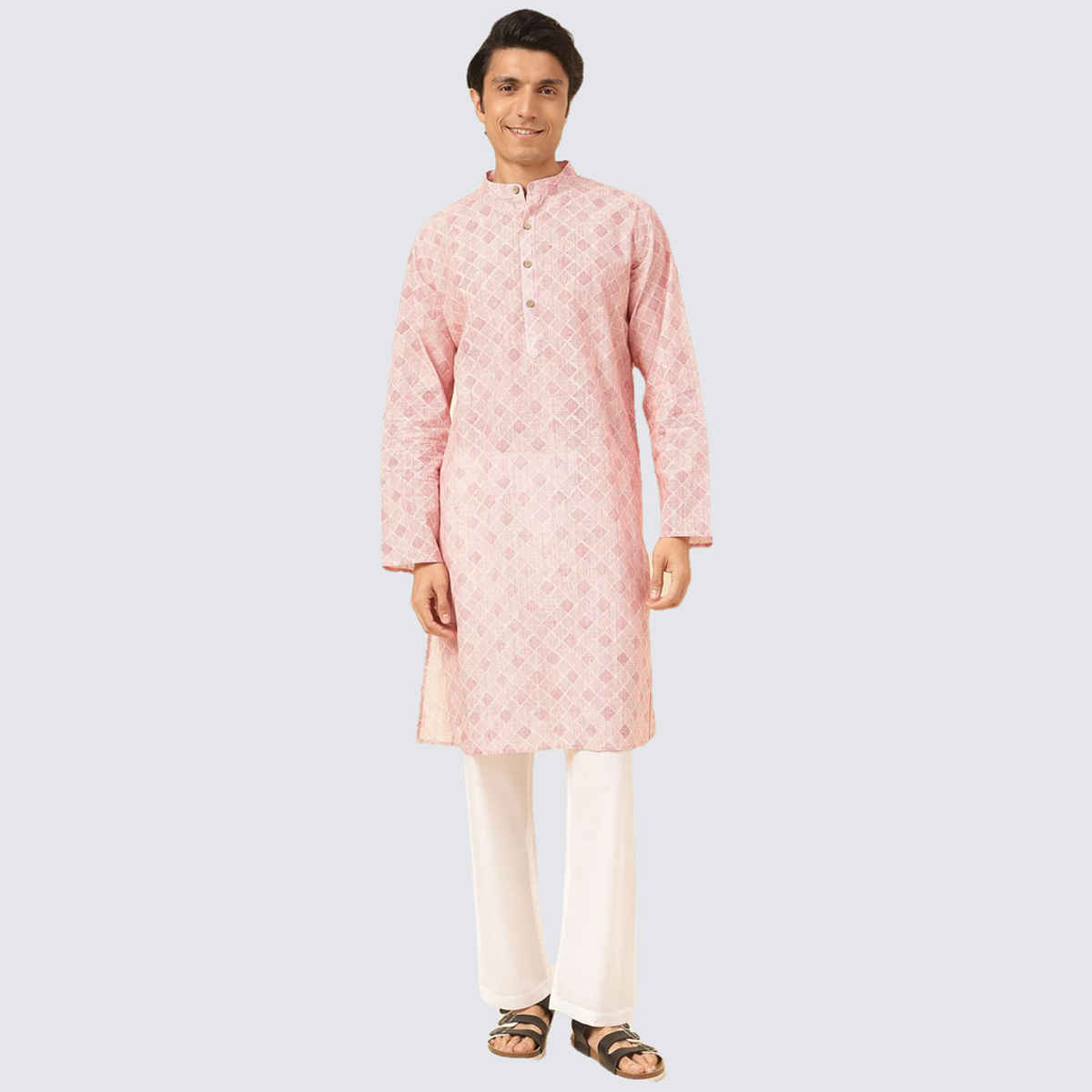 Fabindia Men's Long Kurta Hand Block Printed | Pink - M