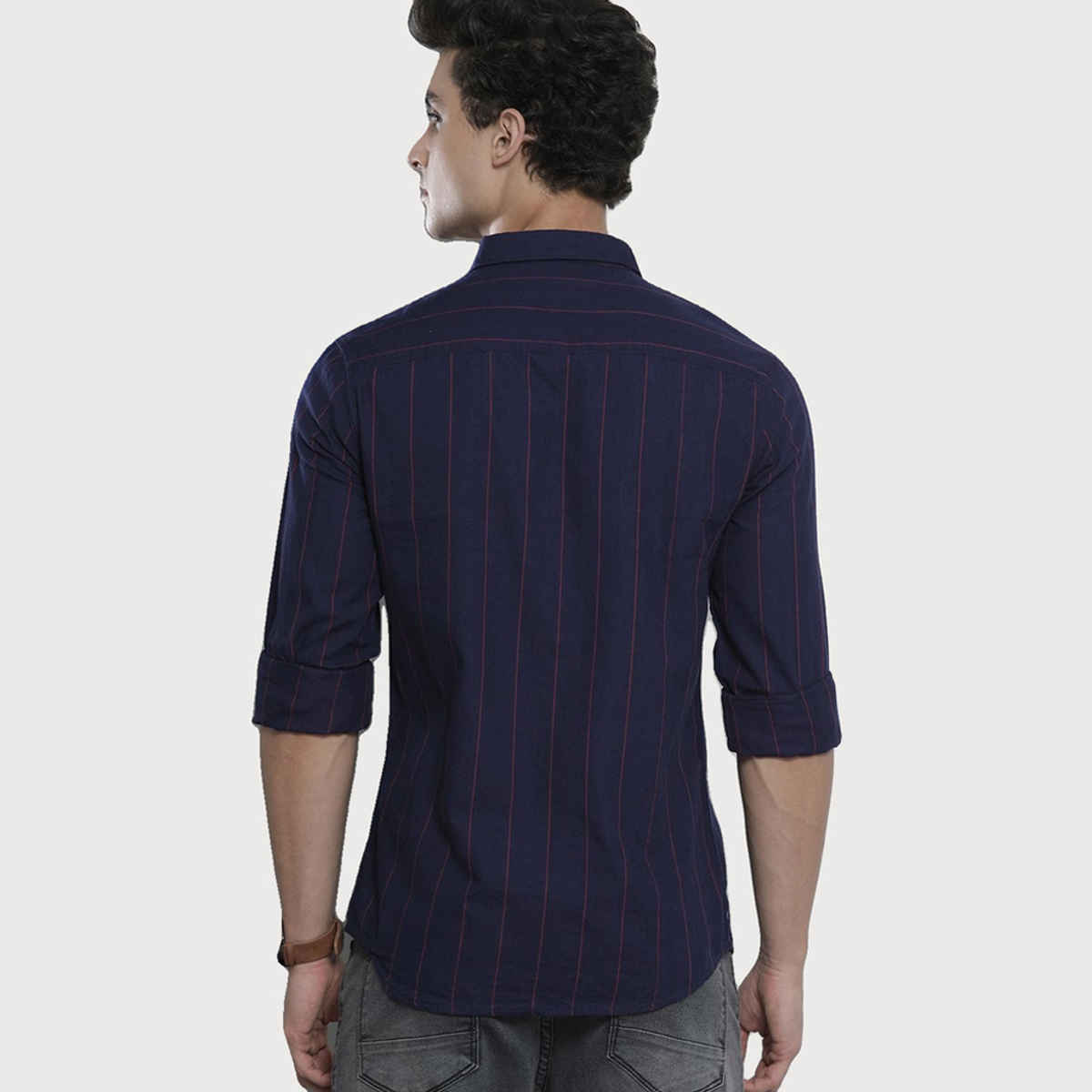 The Indian Garage Co Men's Slim Fit Checkered Casual Shirt | Navy Blue - L