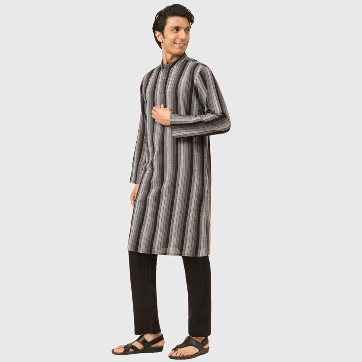 Fabindia Men's Long Kurta Woven | Black - S