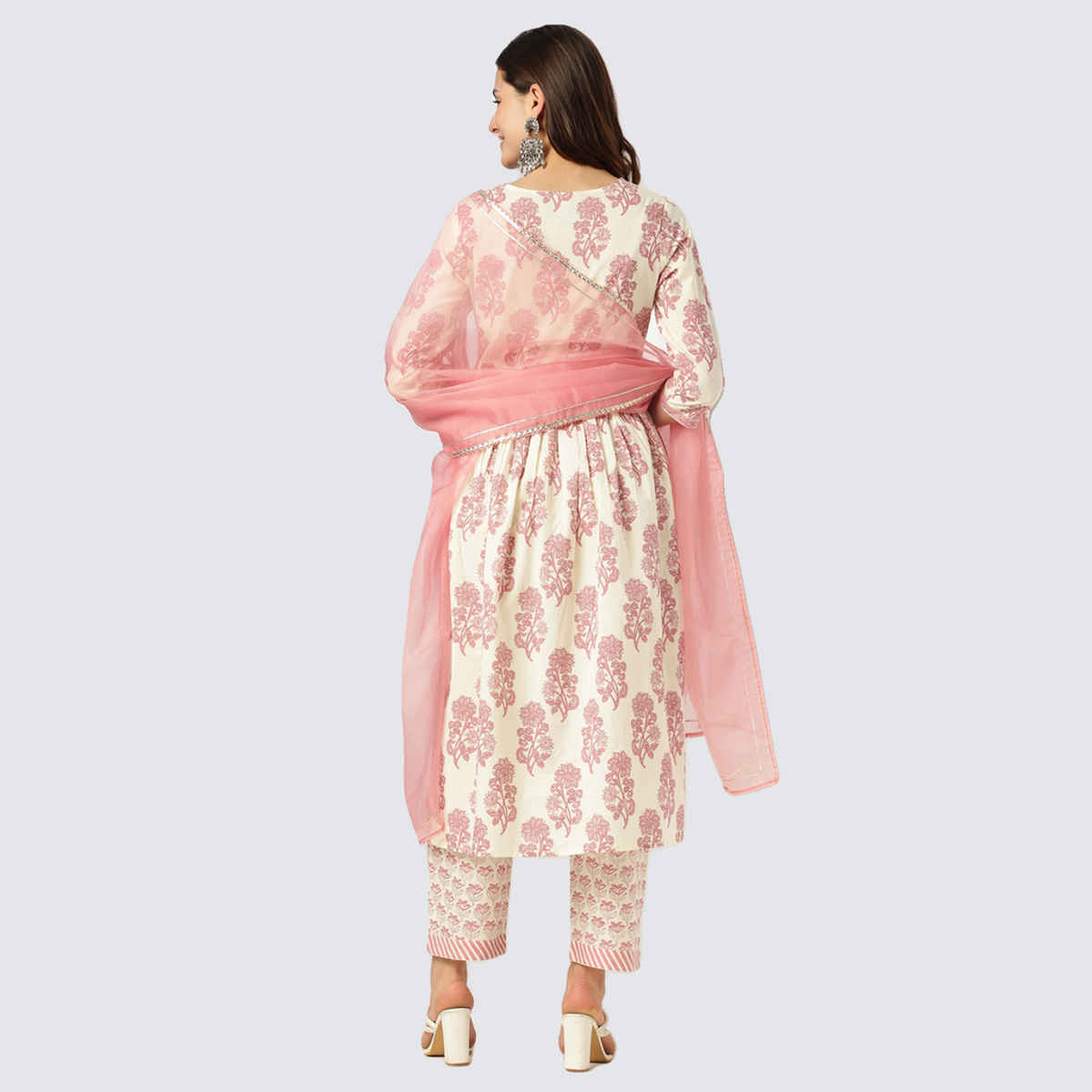 Janasya Women's Pure Cotton Floral Printed A-line Kurta Set | Cream & Pink - XL