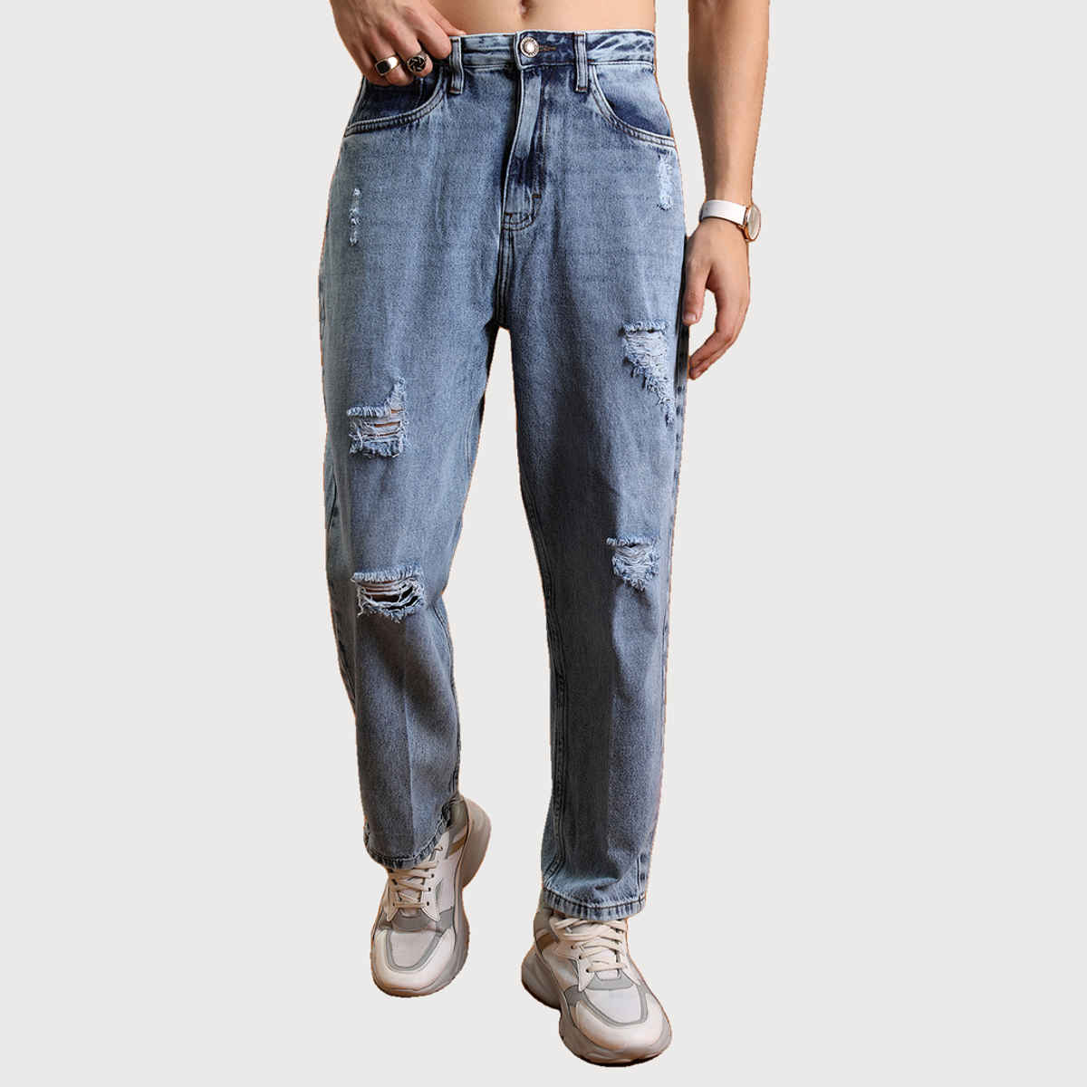 HIGHLANDER Men's Relaxed Fit Highly Distressed Light Fade Jeans | Blue - 30