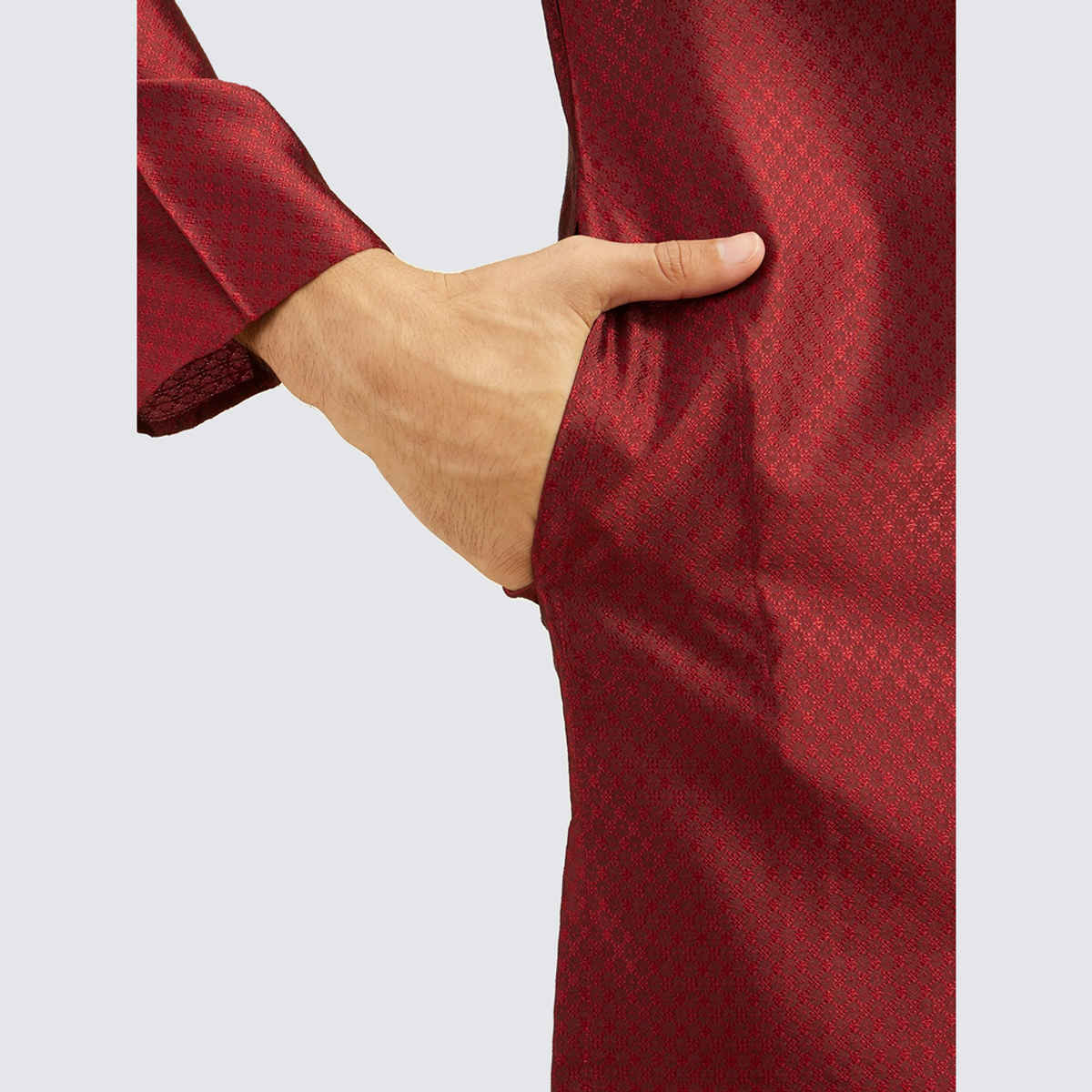 Diwas By Manyavar Men's Lattice Patterned Kurta with Embroidered Neckline | Maroon - 2XL