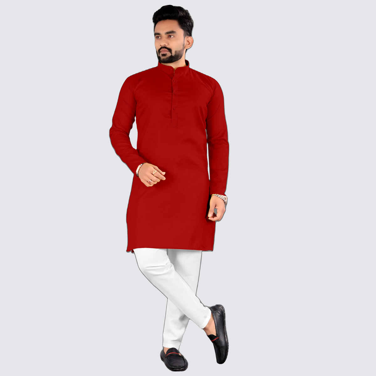 Freluro Men's Solid Cotton Blend Straight Kurta | Red - 2XL