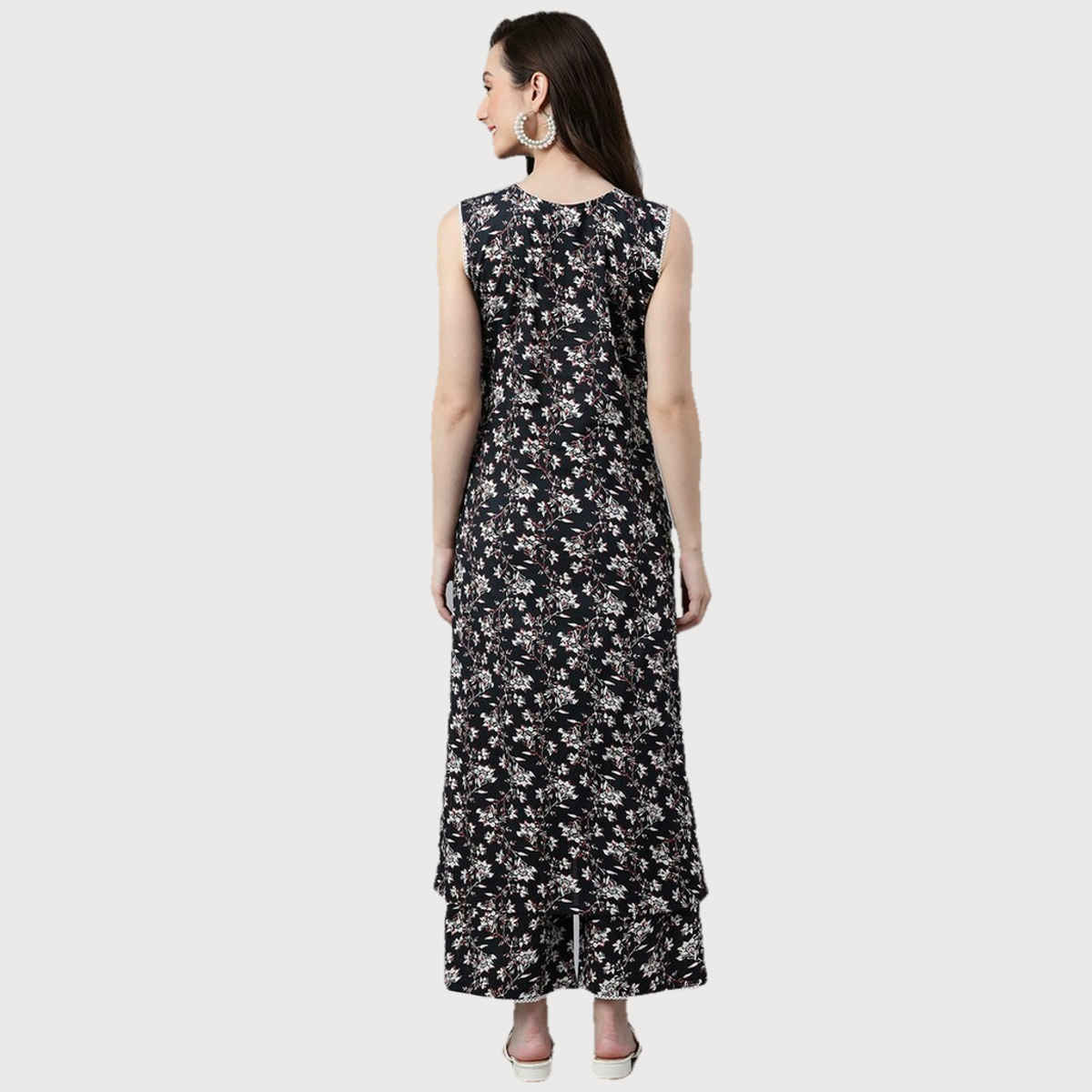 Janasya Women's Black Pure Cotton Floral Printed Kurta with Palazzo | M