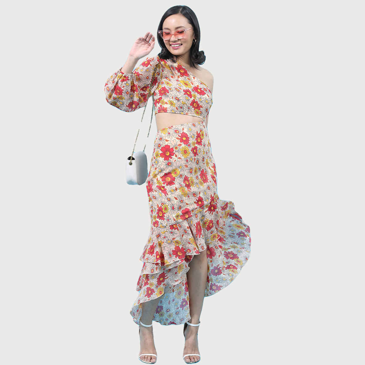 Tokyo Talkies Women's Floral Printed One Shoulder Sheath Dress with Puff Sleeve | Red - L