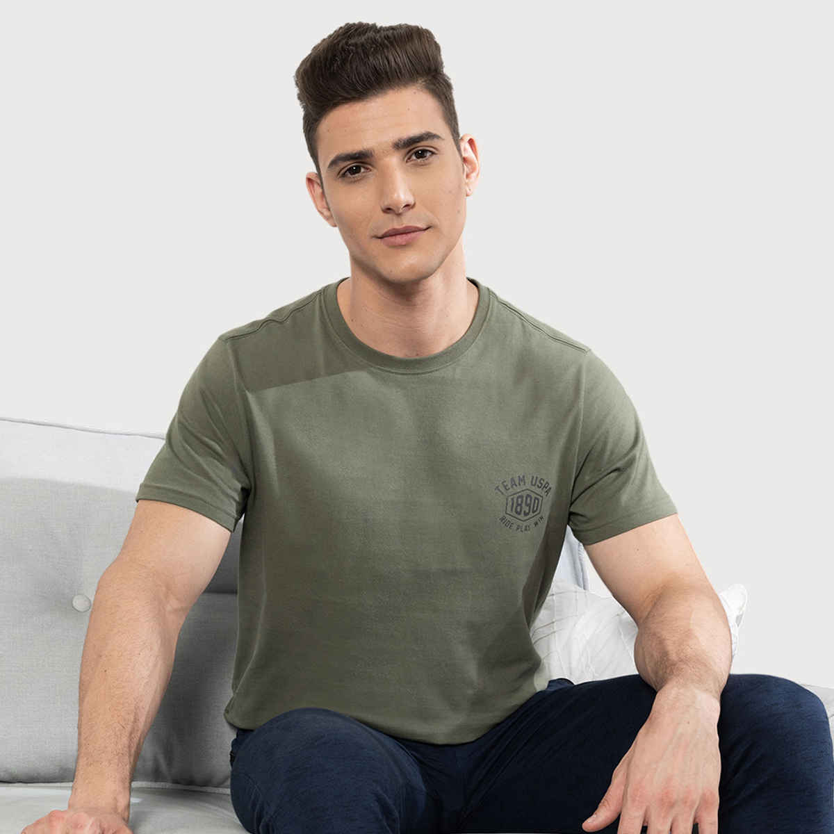 USPA Round Neck Cotton Lounge T - Shirt For Men - Grey and Green - S