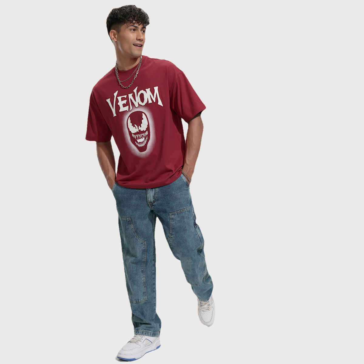 HIGHLANDER Men's Marvel Venom Round Neck Drop Shoulder Graphic Oversized Tshirt | Maroon - S