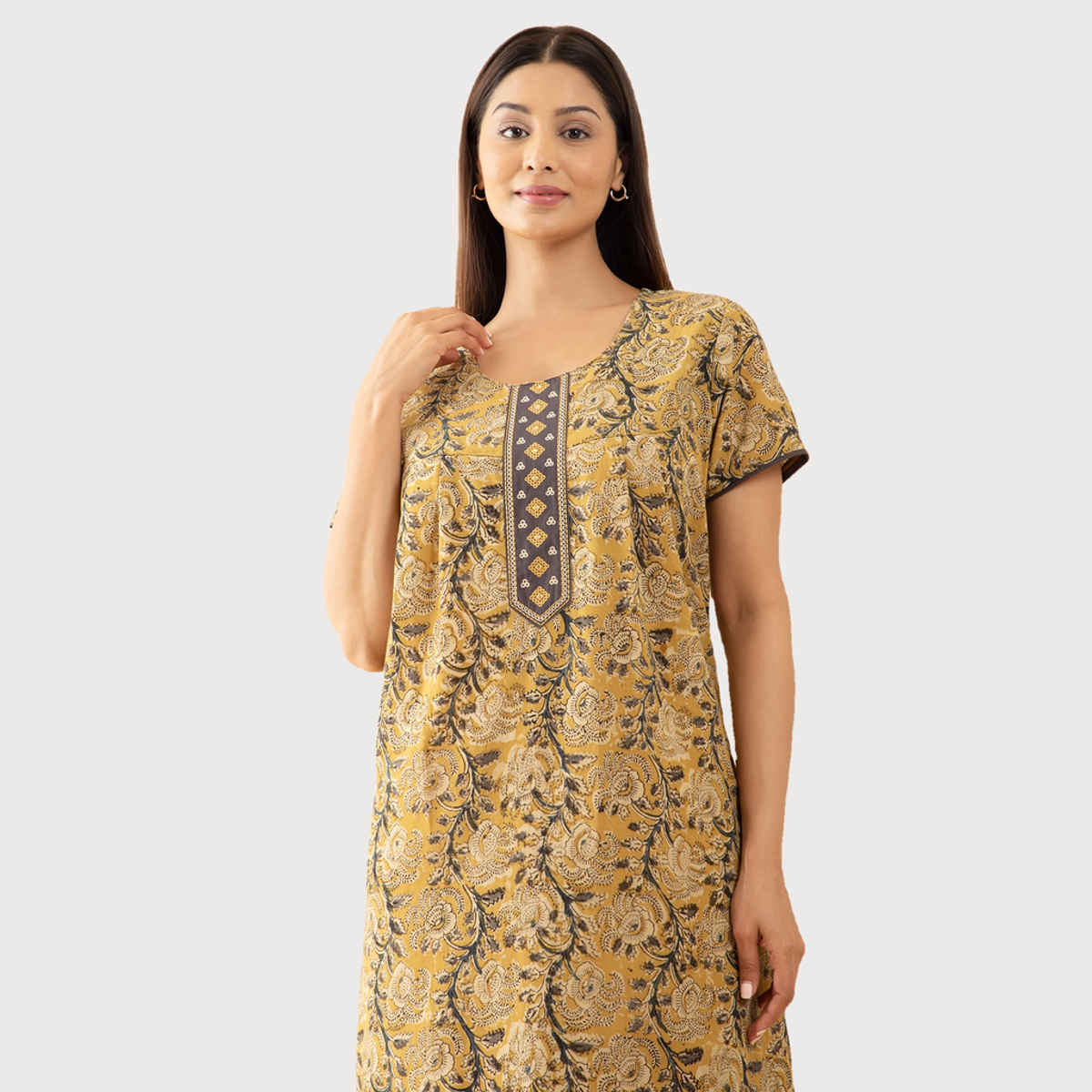 Maybell Women's Cotton Kalamkari Printed Nighty | Mustard - L