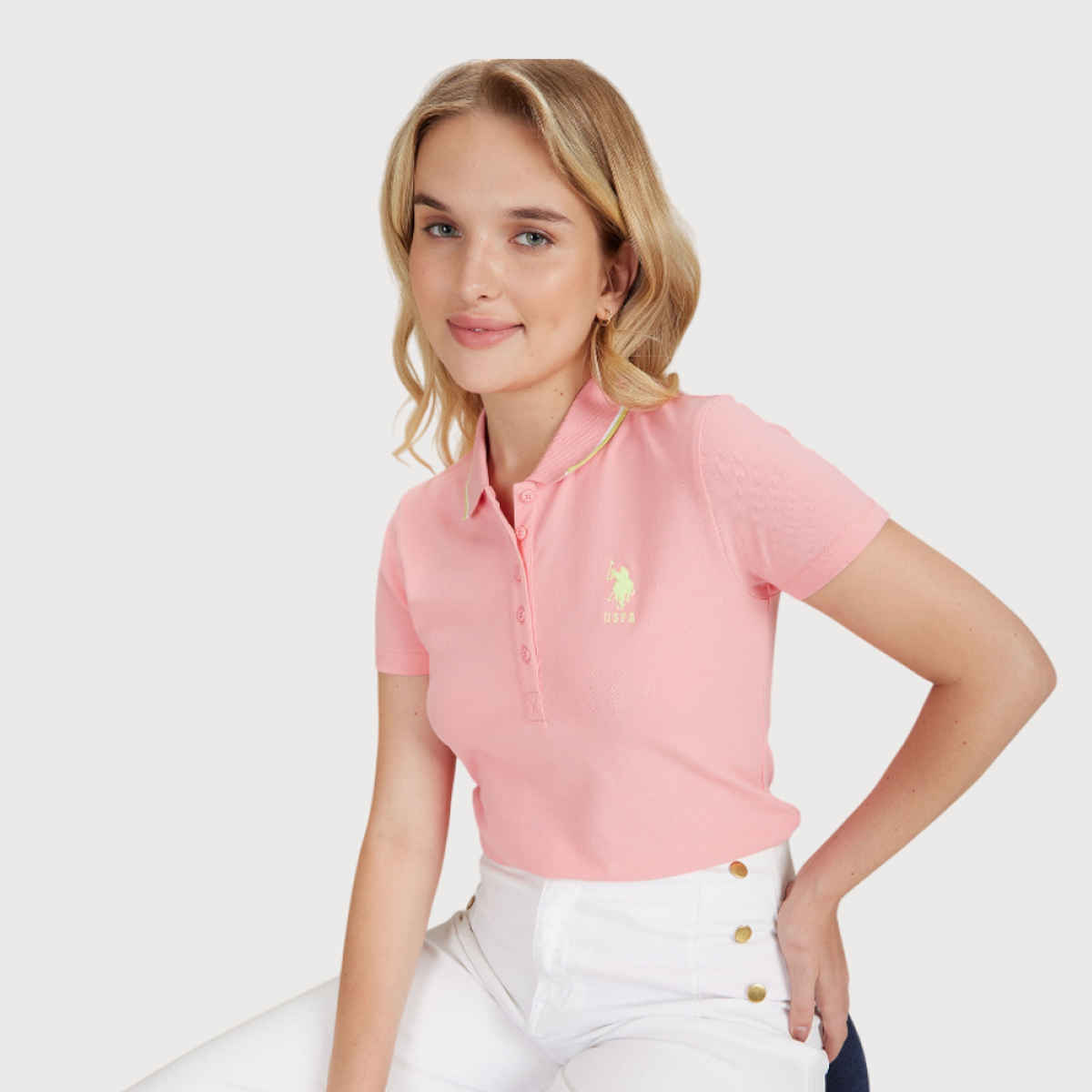 USPA Tipped Collar Cotton Stretch Polo Tshirt For Women Shirt - Flamingo Pink - M