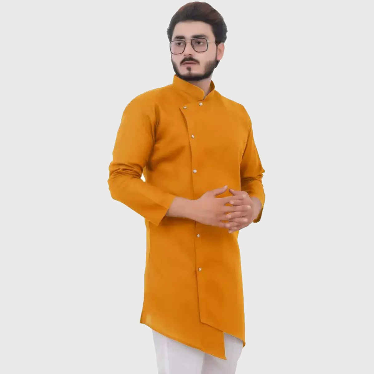 Tibra Collection Men Asymmetric Kurta - Mustard | Solid | Cotton Blend | XXL
