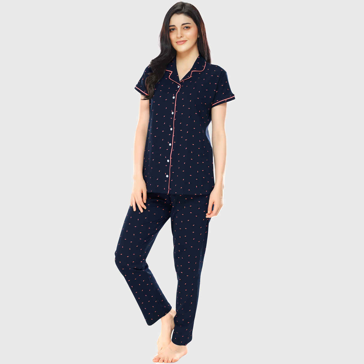 Zeyo Women's Cotton Flash Printed Navy Blue Night Suit Set of Shirt & Pyjama | 5251-XL