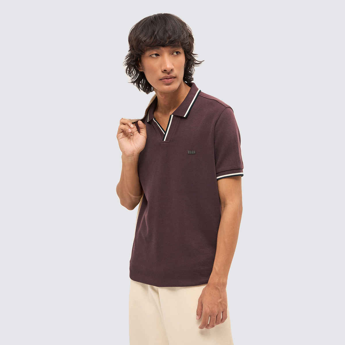 The Bear House Men's Solid Slim Fit Polo with Contrast Tipping Detail | Brown - L
