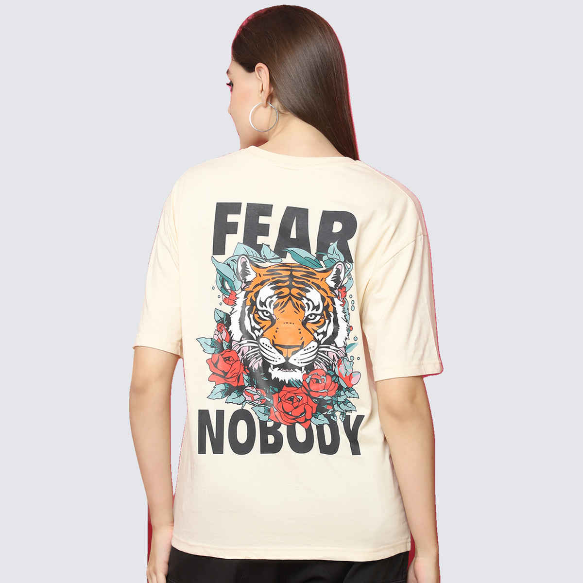 Fabflee Women Oversize Cotton Printed Round Neck Tshirt | Beige | FAB-OS-526 | S