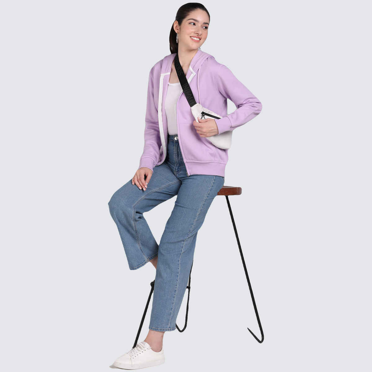 Alan Jones Clothing Women's Solid Zipper Hooded Sweatshirt | Lavender - L