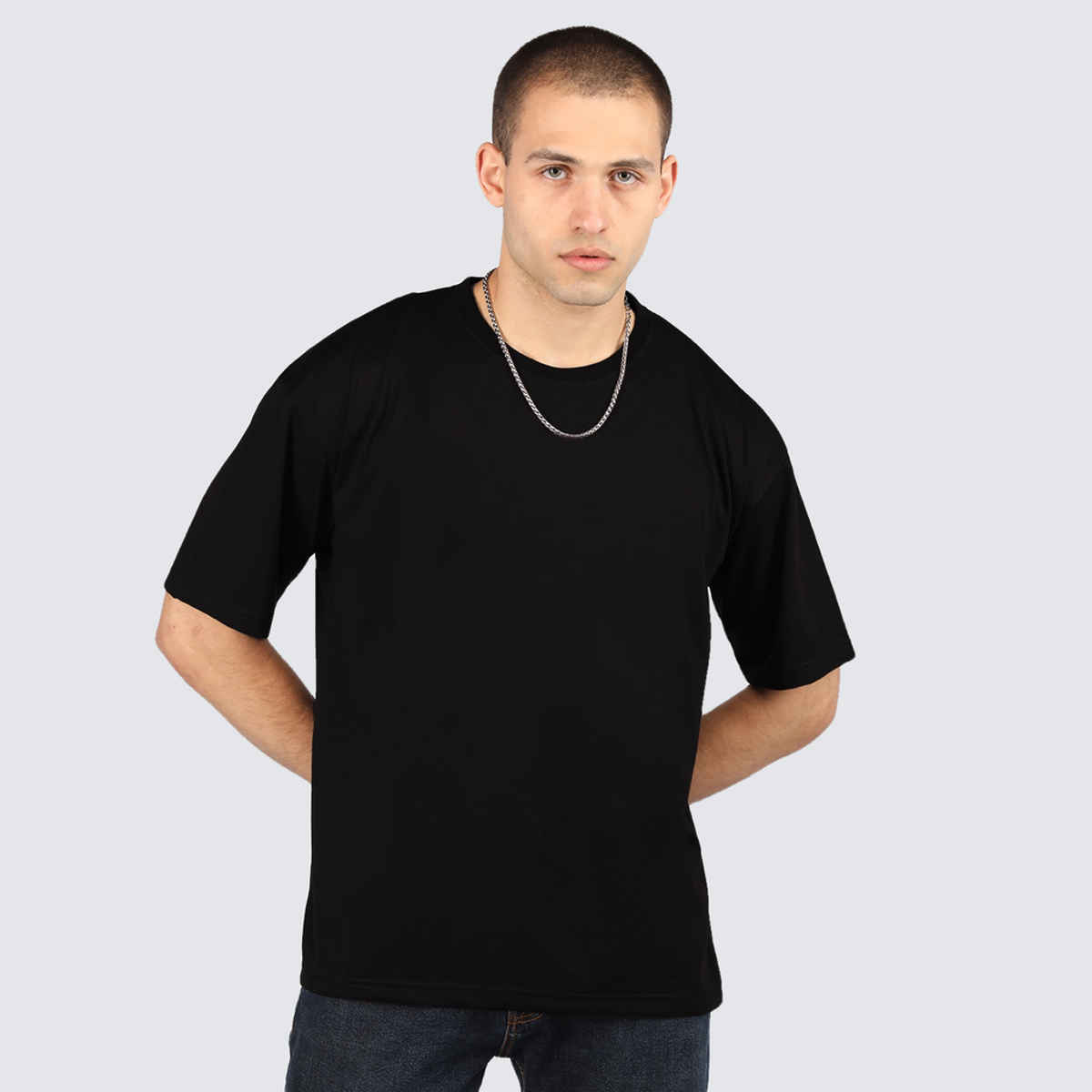 Chkokko Men's Oversized Solid Round Neck T-shirt | Black - M