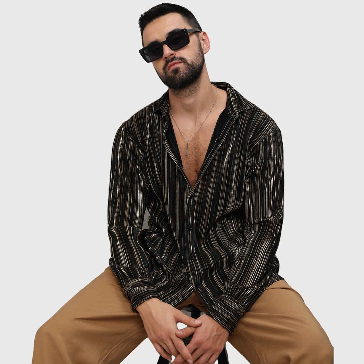 Campus Sutra Men's Pleat - Creased Shirt | Jet Black & Metallic Gold - S